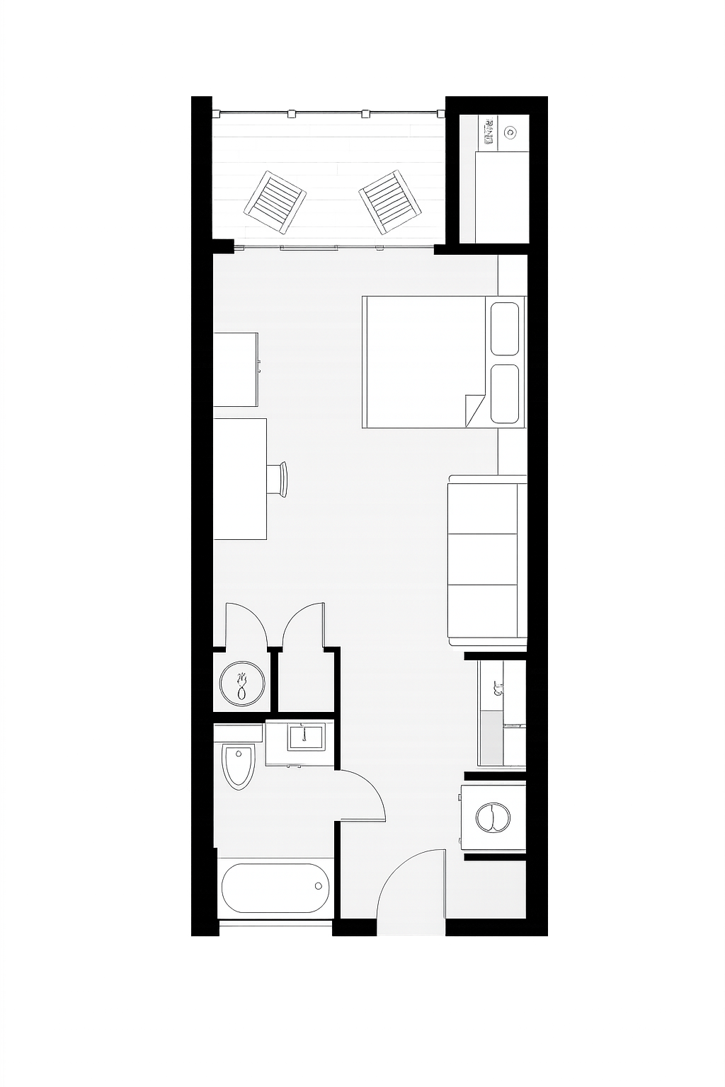 Floorplan of the Stay the Bay studio, including the balcony, sleeping area, kitchenette, and bathroom