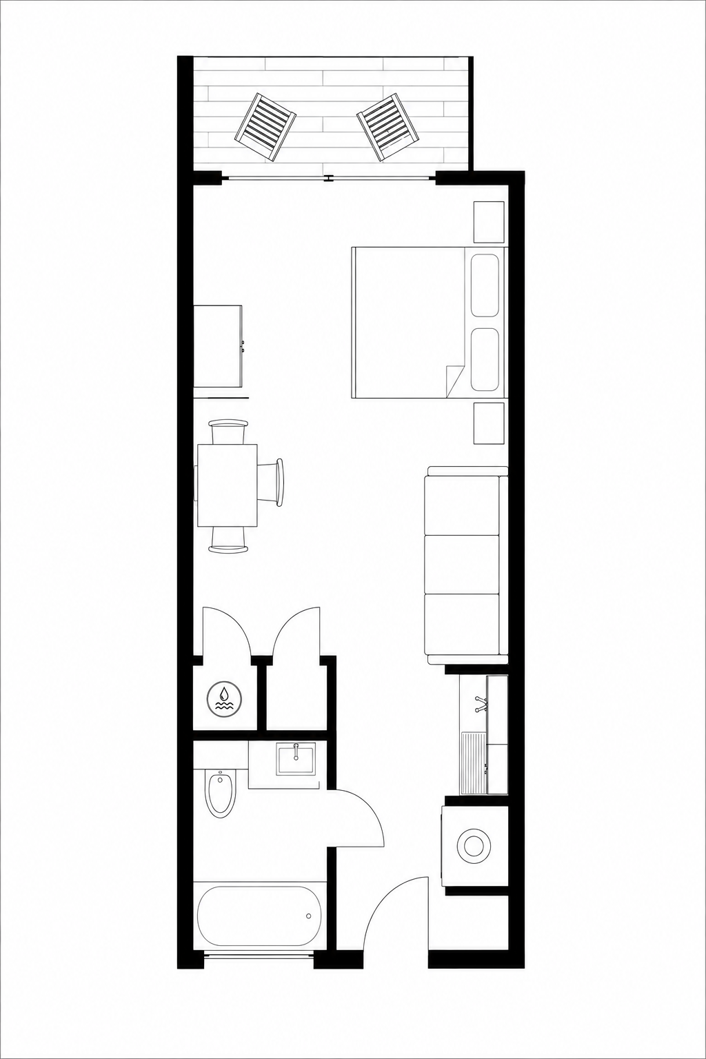 Floorplan of the Stay the Bay studio, including the balcony, sleeping area, kitchenette, and bathroom